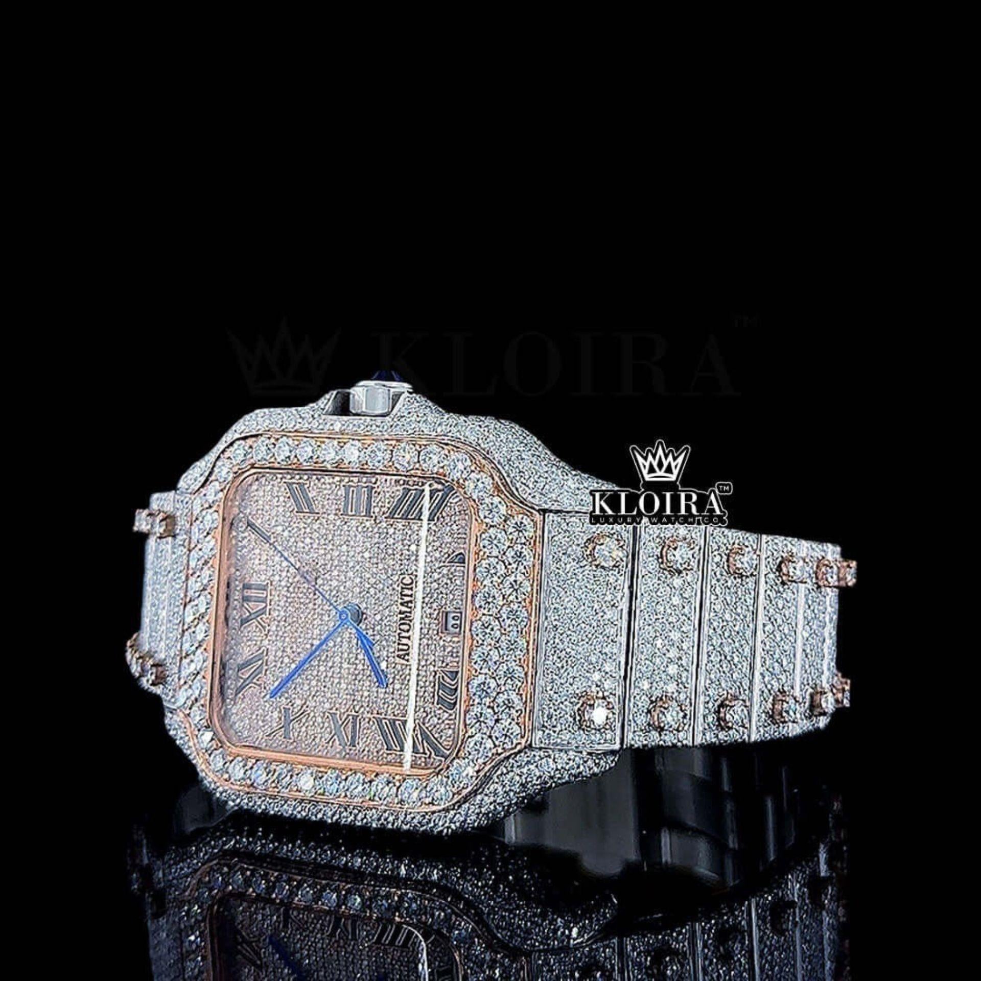 Roman Numerals Rose Gold Diamond Bezel Dial Two Tone Moissanite Watch Close Up Front View