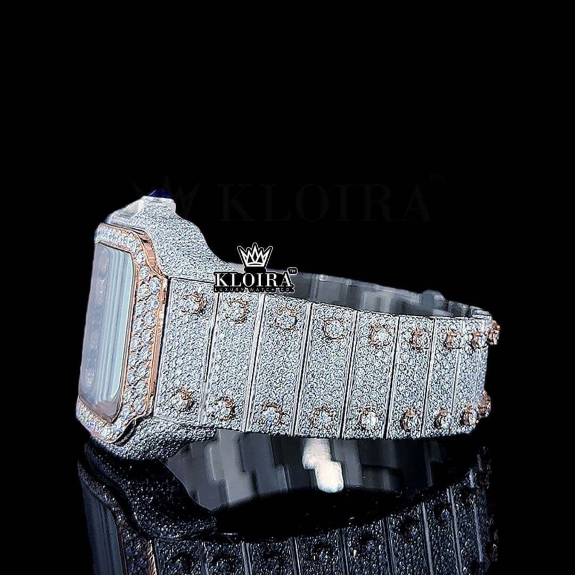 Roman Numerals Rose Gold Diamond Bezel Dial Two Tone Moissanite Watch Left Side View