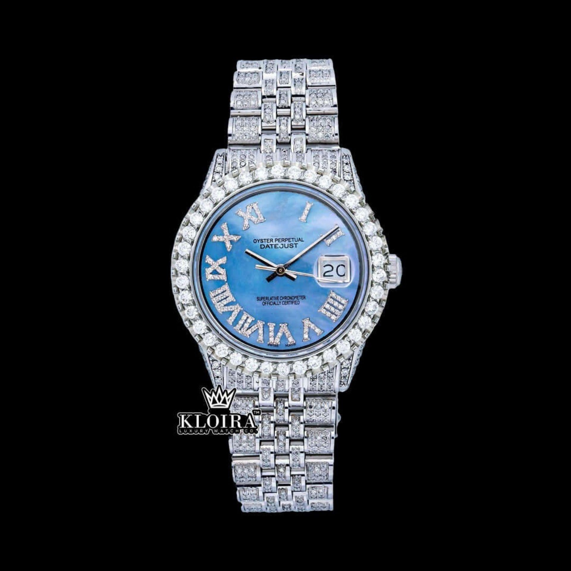 Roman Numerals Tiffany Blue Dial Diamond Link Strap Moissanite Watch Front View