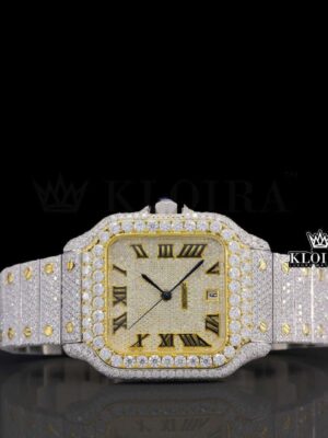 Roman Numerals Two Tone Yellow Dial Iced Out Moissanite Diamond Watch