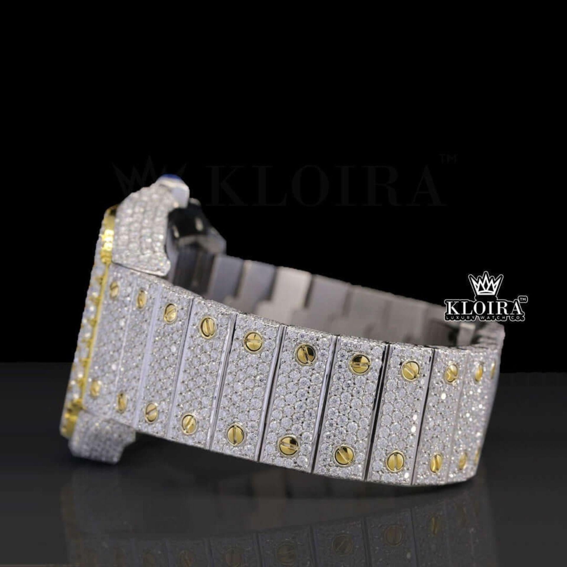 Roman Numerals Two Tone Yellow Dial Iced Out Moissanite Diamond Watch Left Side View