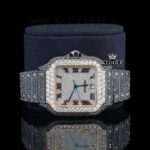 Roman Numerals White Dial Black Iced Out Moissanite Diamond Watch Close Up Front View