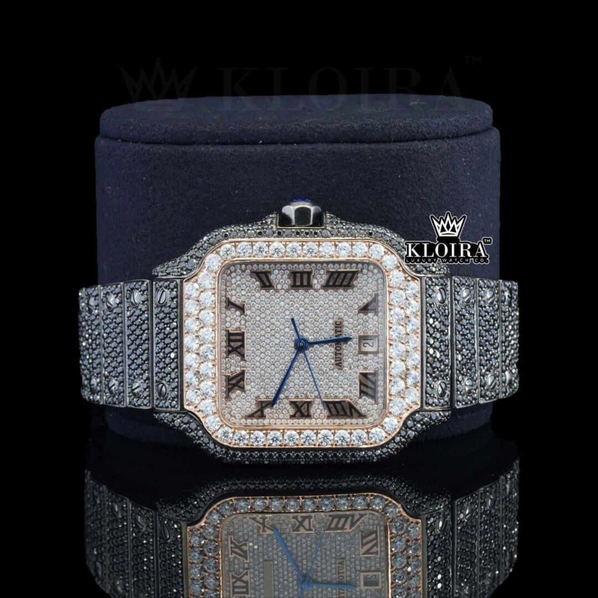 Roman Numerals White Dial Black Iced Out Moissanite Diamond Watch Close Up Front View