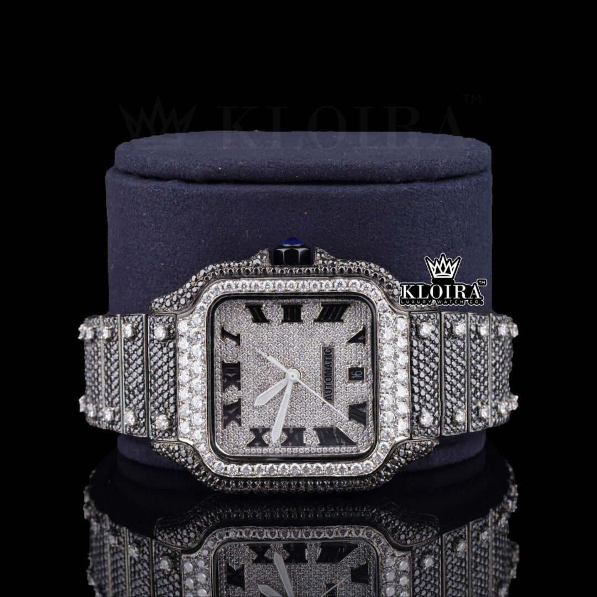 Roman Numerals White Dial Black Moissanite Diamond Watch Front Close Up View