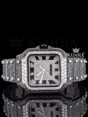 Roman Numerals White Dial Black Moissanite Diamond Watch