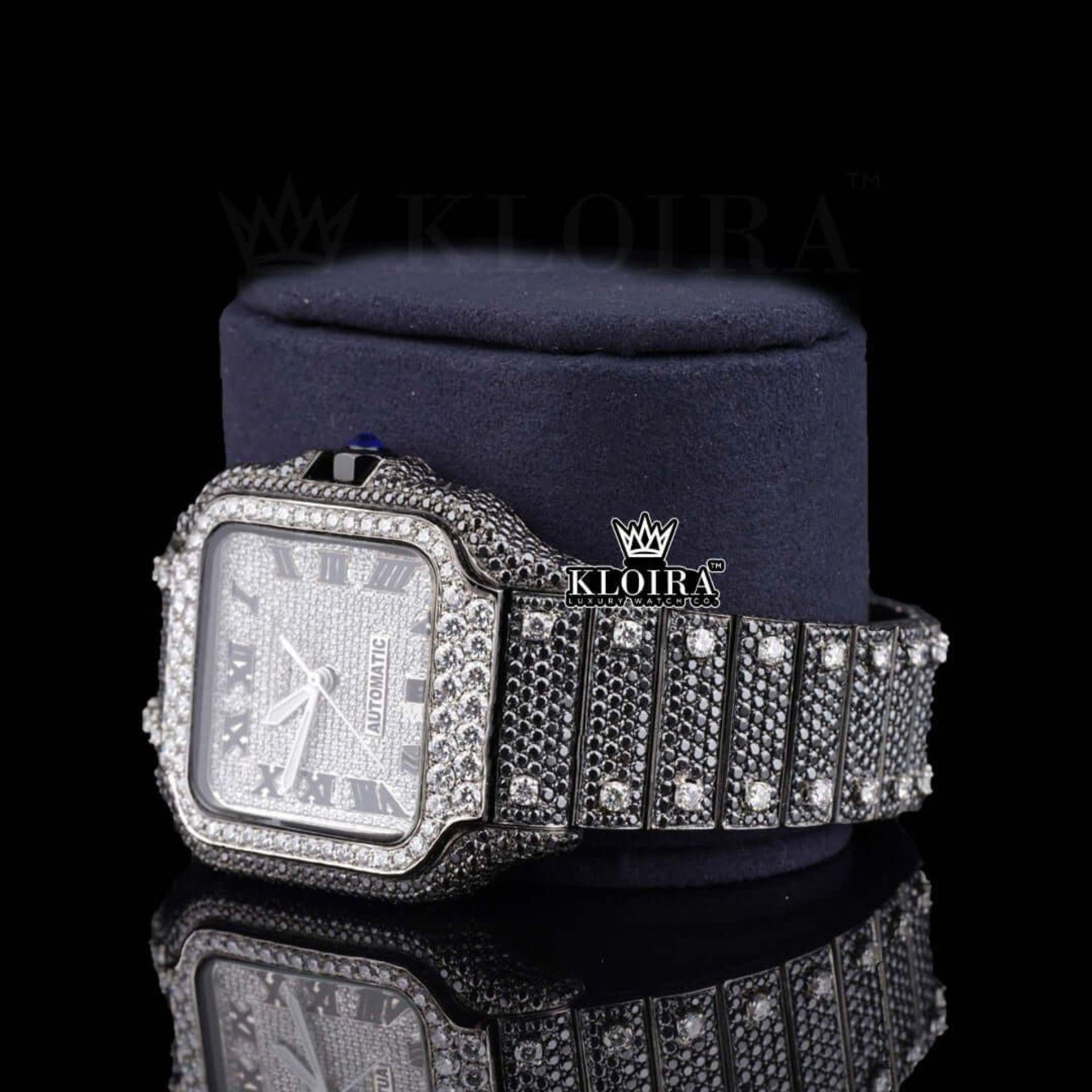 Roman Numerals White Dial Black Moissanite Diamond Watch Left Profile View