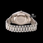 Roman Numerals White Dial Day-Date Display Fully Iced Out Moissanite Watch Caseback View