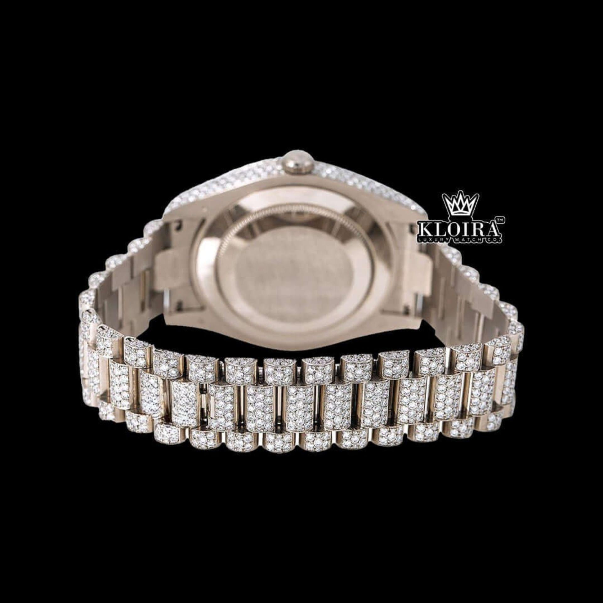 Roman Numerals White Dial Day-Date Display Fully Iced Out Moissanite Watch Caseback View