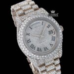 Roman Numerals White Dial Day-Date Display Fully Iced Out Moissanite Watch Close Up Dial View