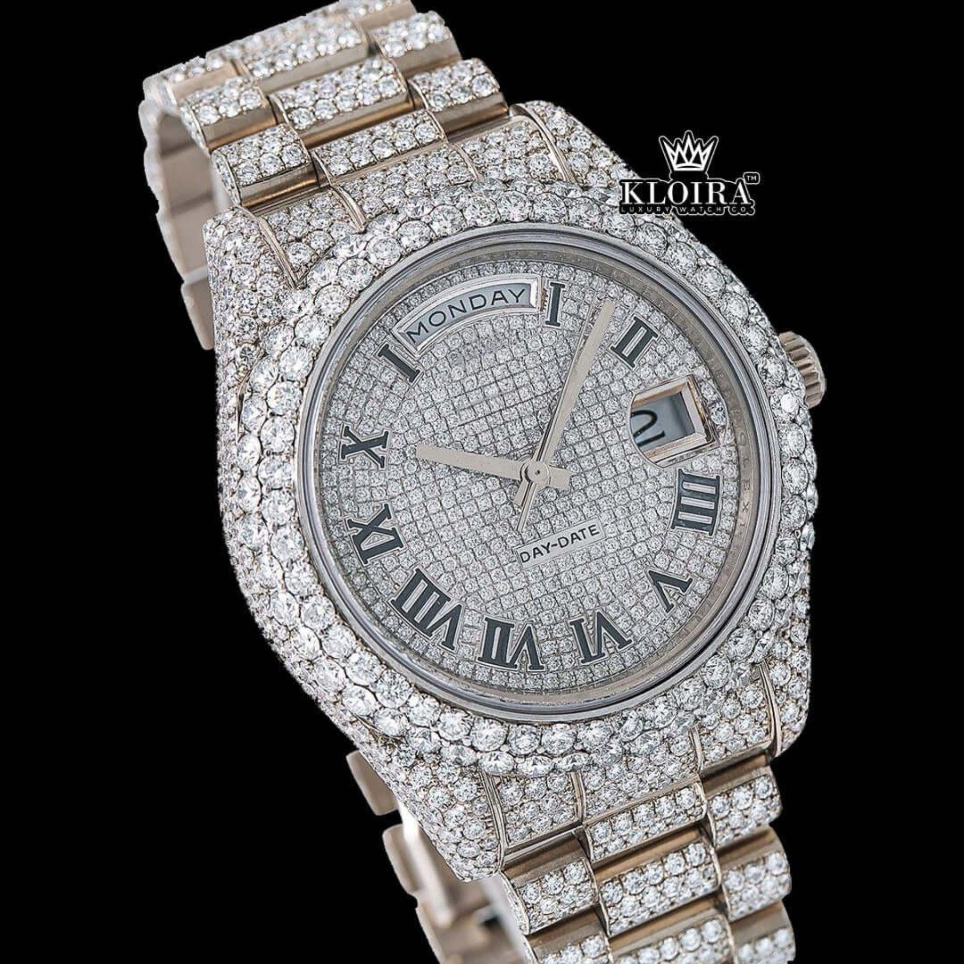 Roman Numerals White Dial Day-Date Display Fully Iced Out Moissanite Watch Close Up Dial View
