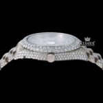 Roman Numerals White Dial Day-Date Display Fully Iced Out Moissanite Watch Crown View