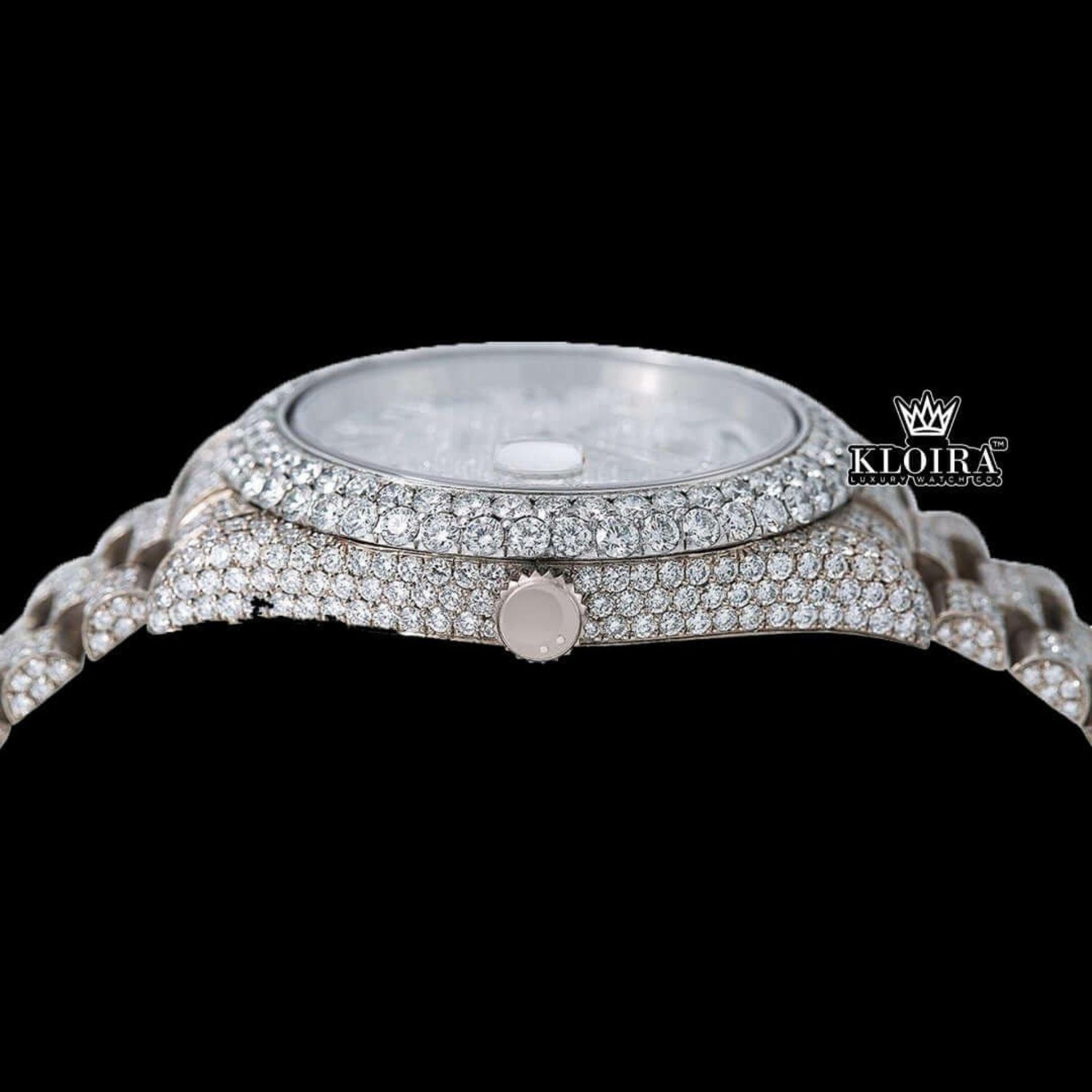 Roman Numerals White Dial Day-Date Display Fully Iced Out Moissanite Watch Crown View