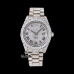 Roman Numerals White Dial Day-Date Display Fully Iced Out Moissanite Watch