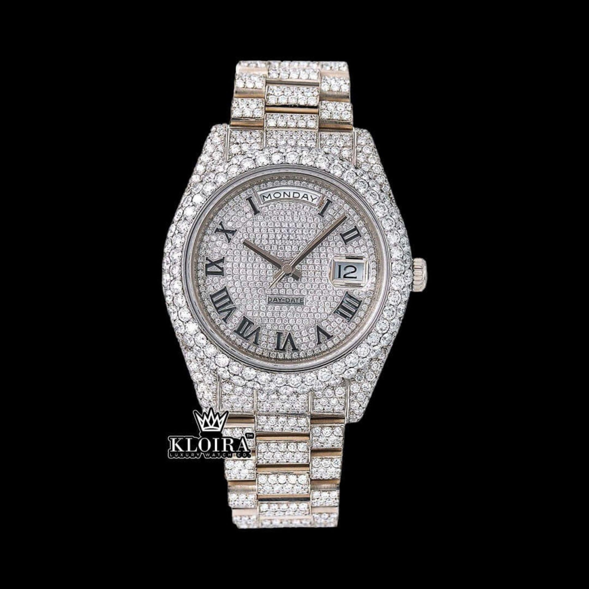 Roman Numerals White Dial Day-Date Display Fully Iced Out Moissanite Watch Front View