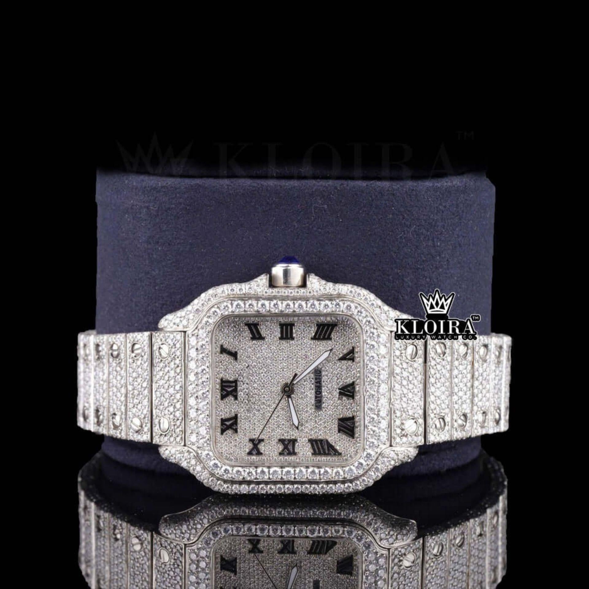 Roman Numerals White Dial Fully Iced Out Moissanite Diamond Watch Front Close Up View