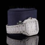 Roman Numerals White Dial Fully Iced Out Moissanite Diamond Watch Right Profile View