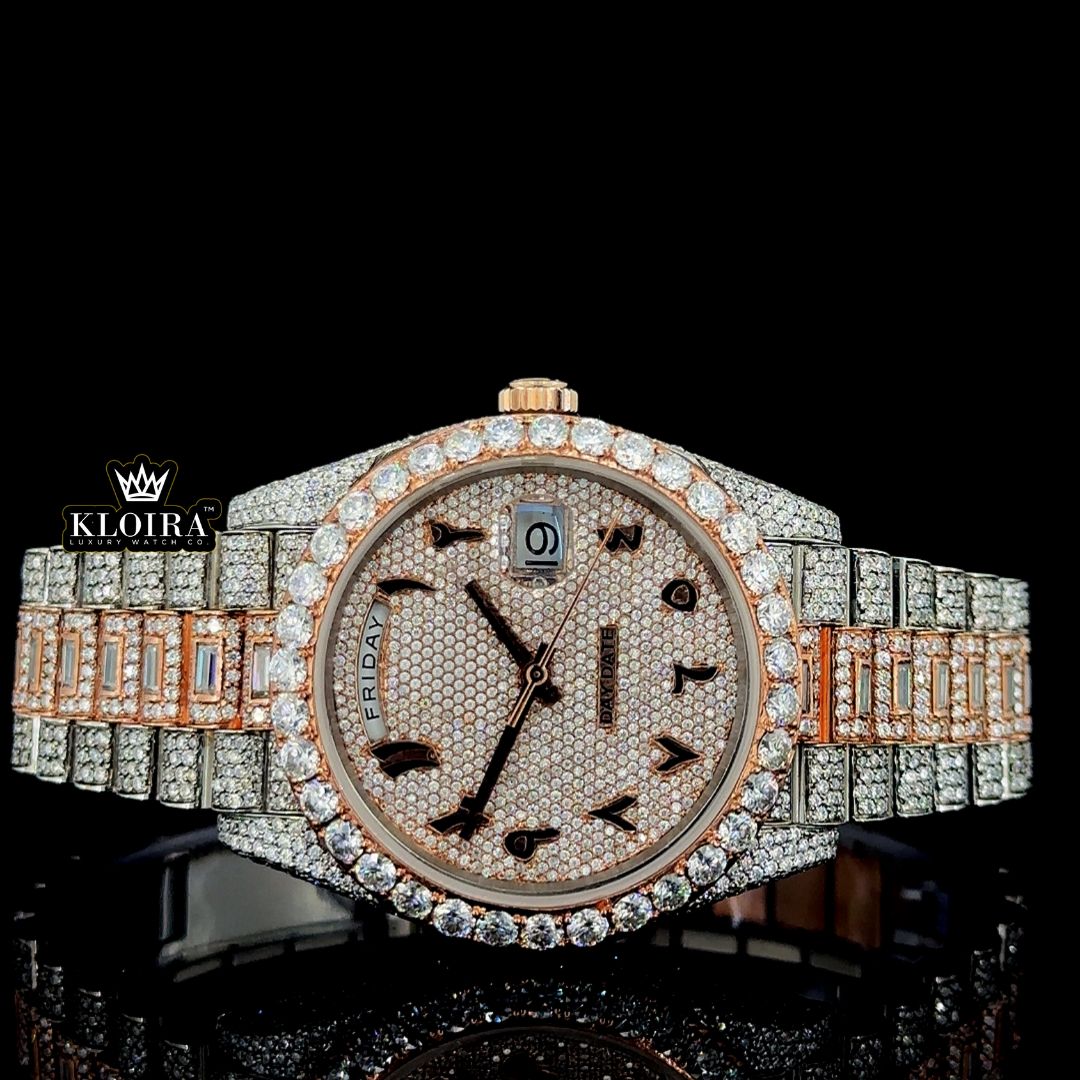 Rose Gold Arabic Dial Two Tone Full Iced Out Moissanite Diamond Watch Front View