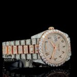 Rose Gold Arabic Dial Two Tone Full Iced Out Moissanite Diamond Watch Right Profile View