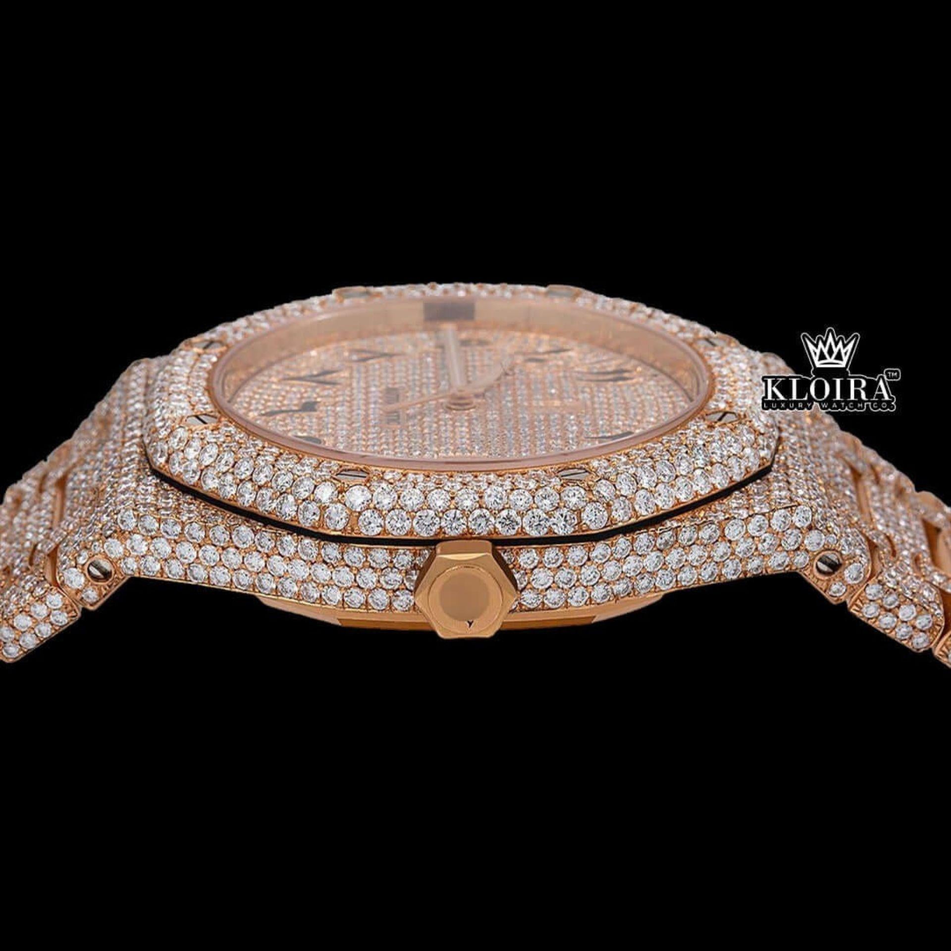 Rose Gold Arabic Numerals Moissanite Fully Iced Diamond Watch Crown View