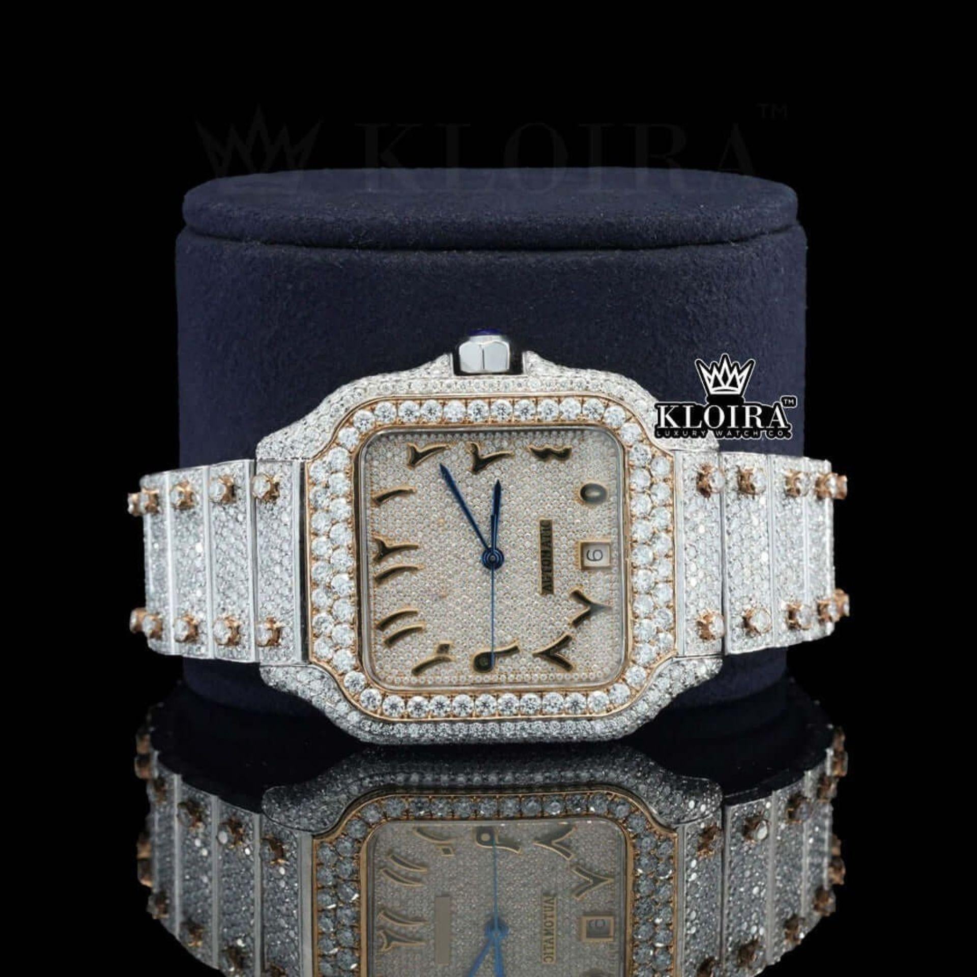 Rose Gold Arabic Numerals Two Tone Moissanite Diamond Watch Front Close Up View