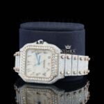 Rose Gold Arabic Numerals Two Tone Moissanite Diamond Watch Left Profile View