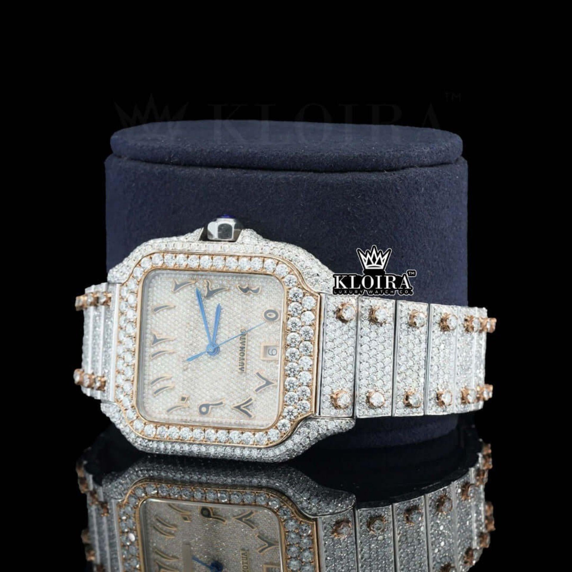 Rose Gold Arabic Numerals Two Tone Moissanite Diamond Watch Left Profile View