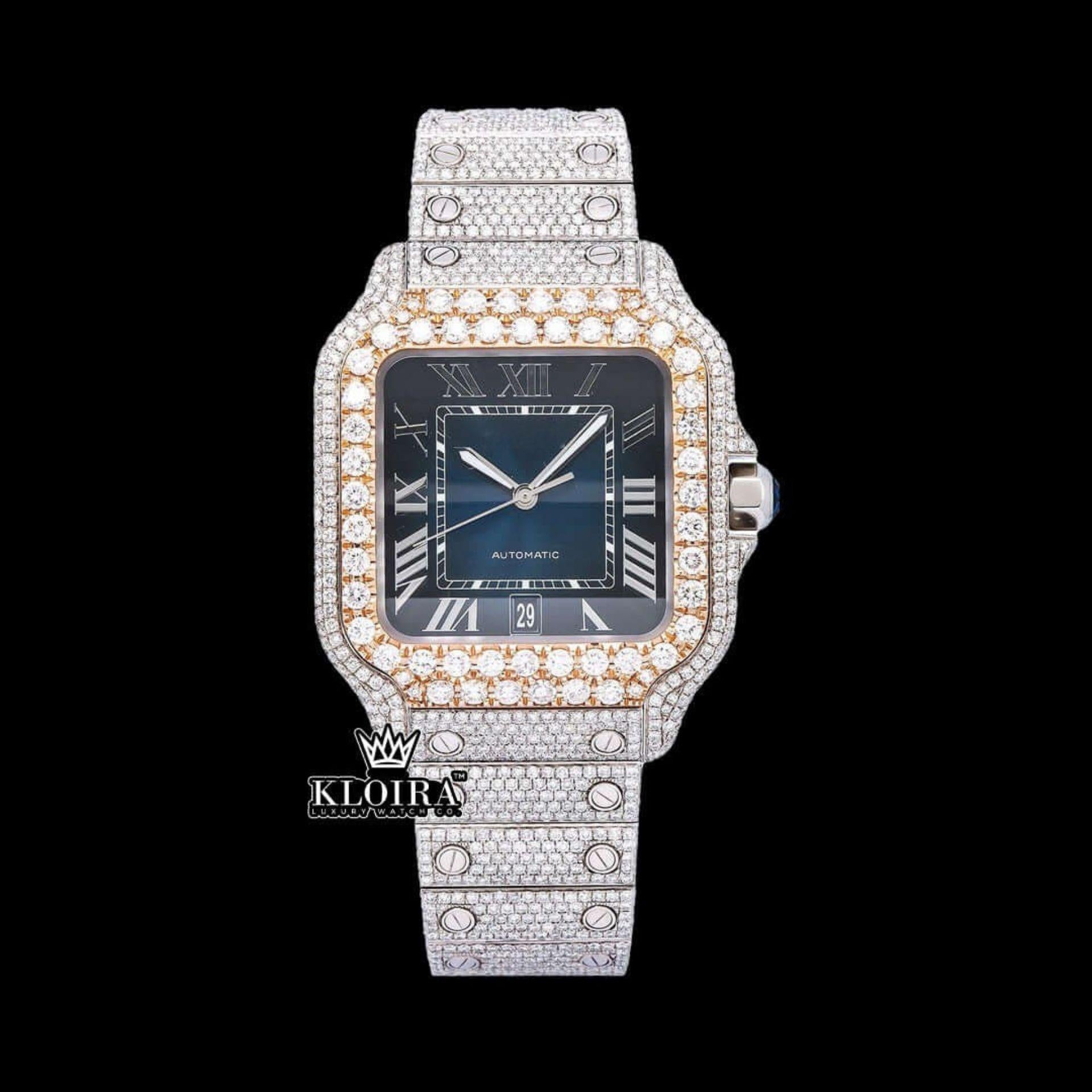 Rose Gold Bezel Blue Roman Dial Two Tone Moissanite Watch Front View