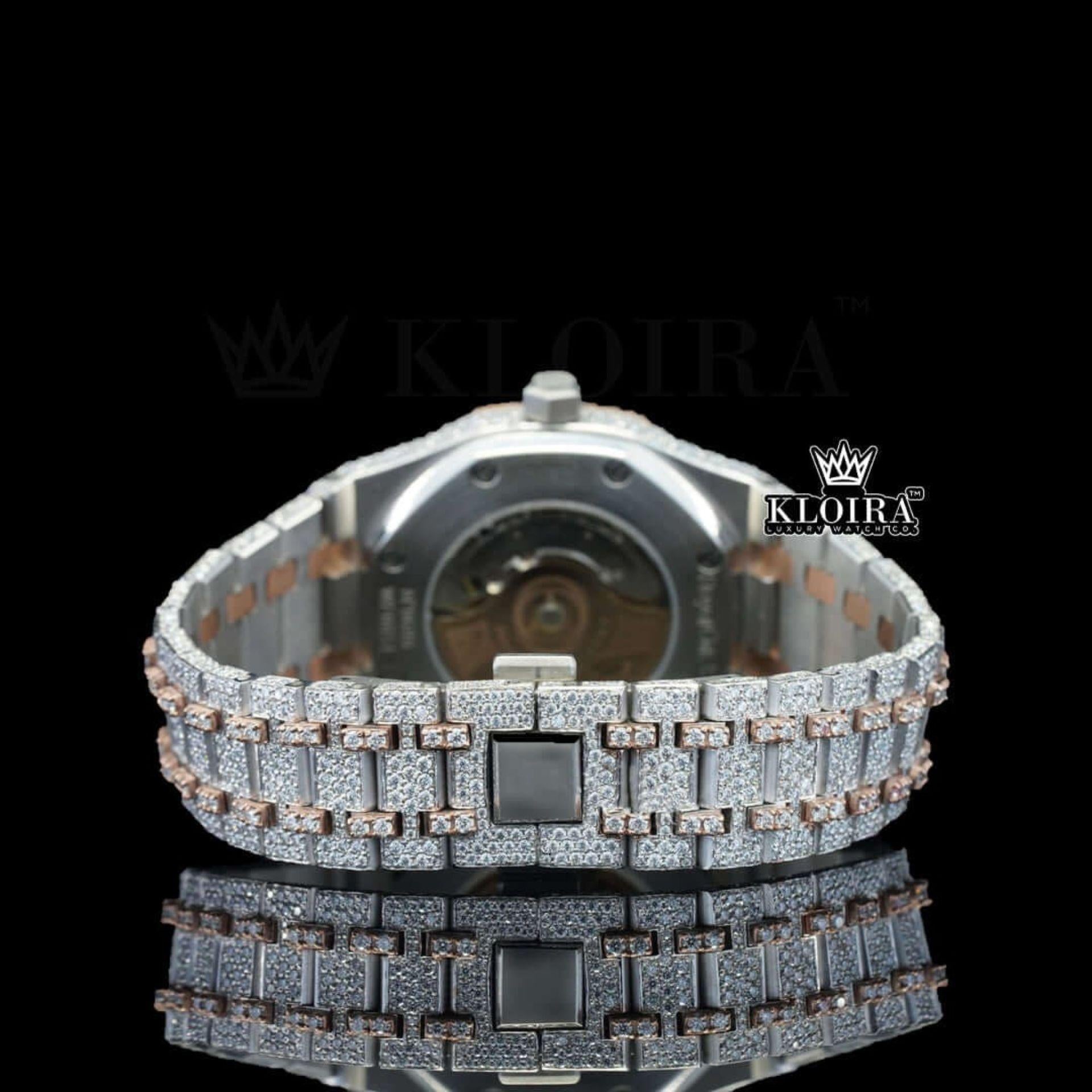 Rose Gold Bezel Geometric Dial Full Iced Out Moissanite Diamond Watch Caseback View