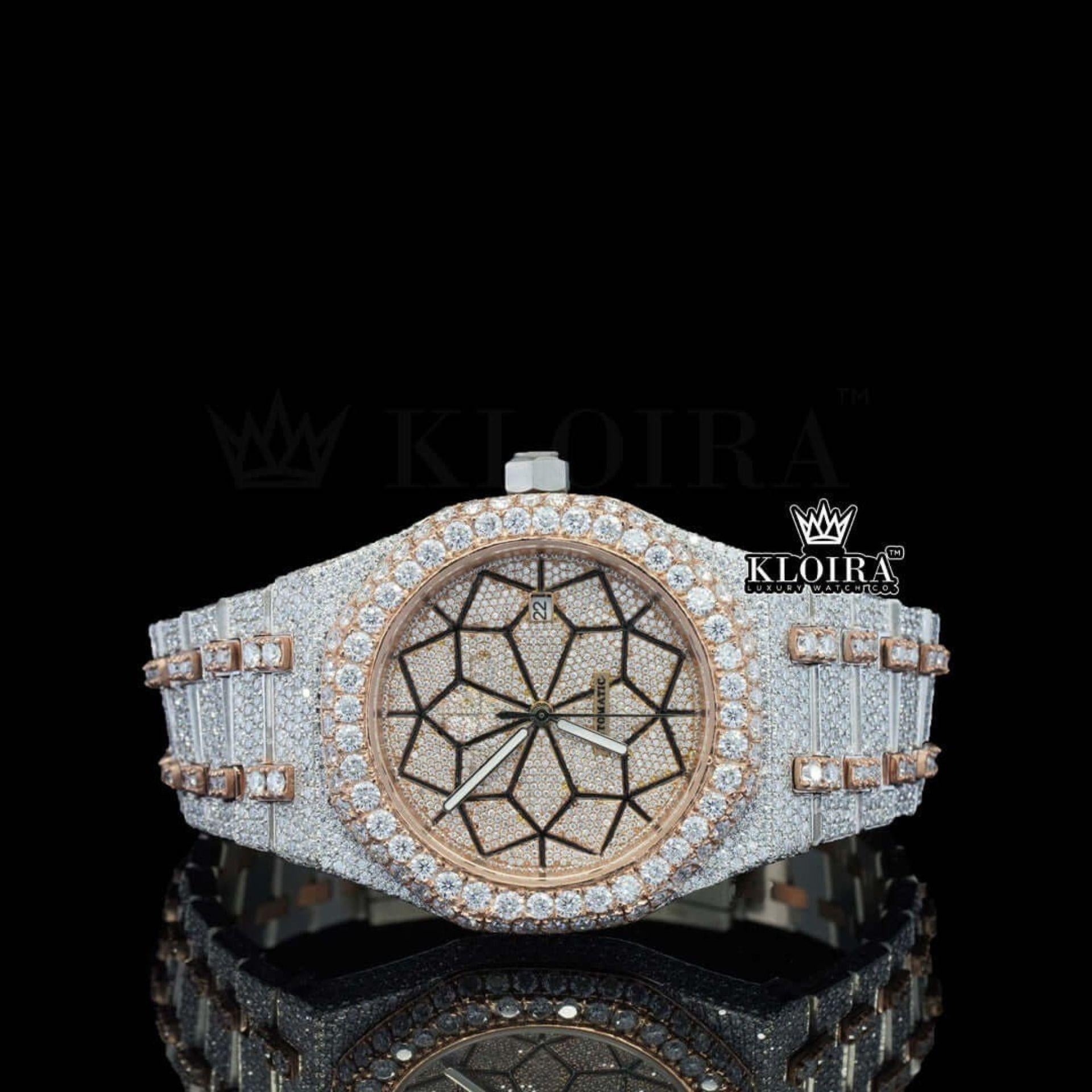 Rose Gold Bezel Geometric Dial Full Iced Out Moissanite Diamond Watch Geometric Front View