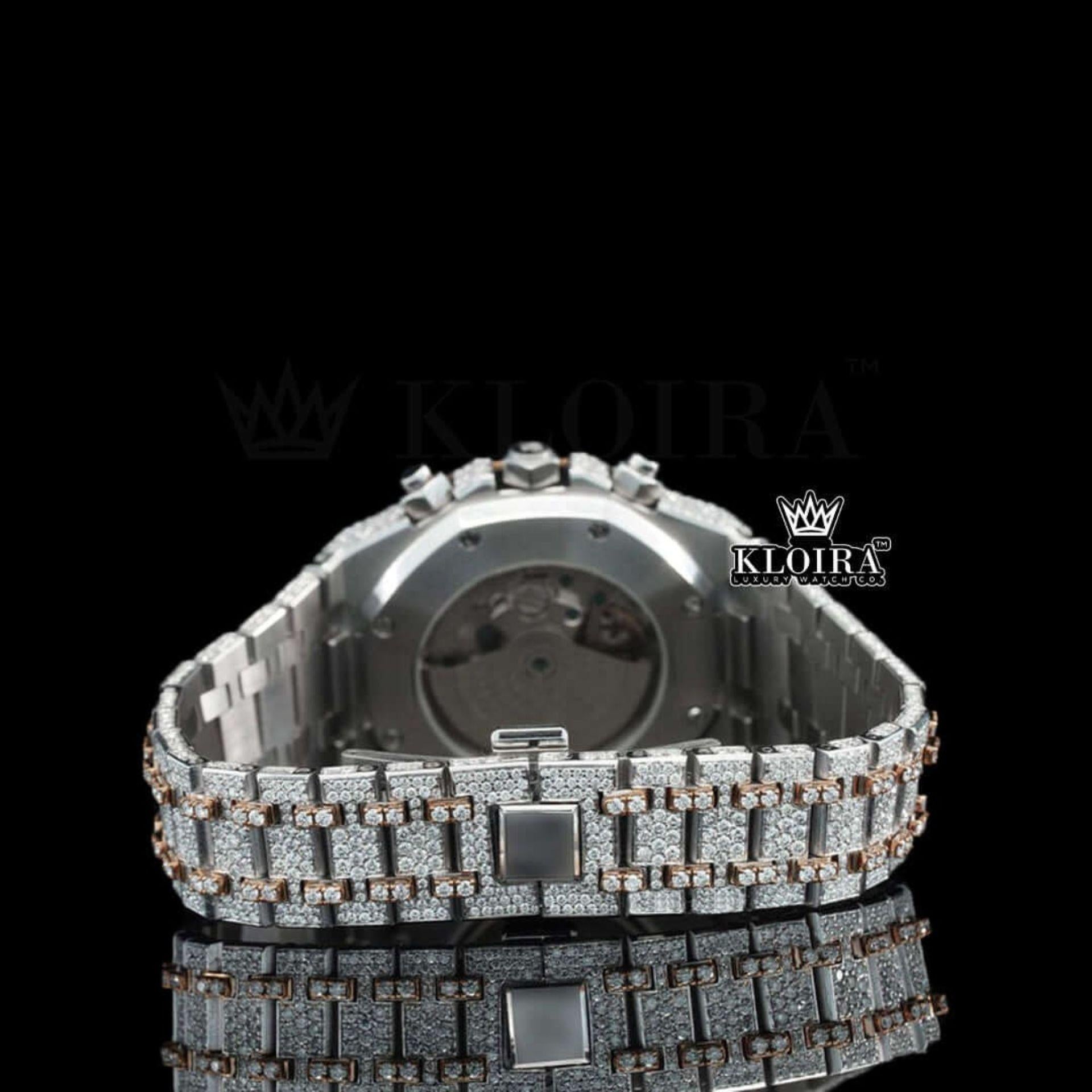 Rose Gold Dial AP Iced Out Two Tone Moissanite Diamond Chrono Watch Caseback View