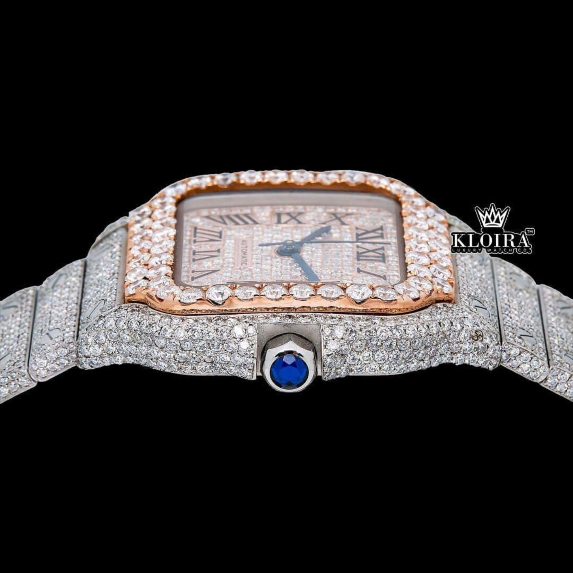 Rose Gold Dial Black Roman Numerals Two Tone Moissanite Watch Crown View