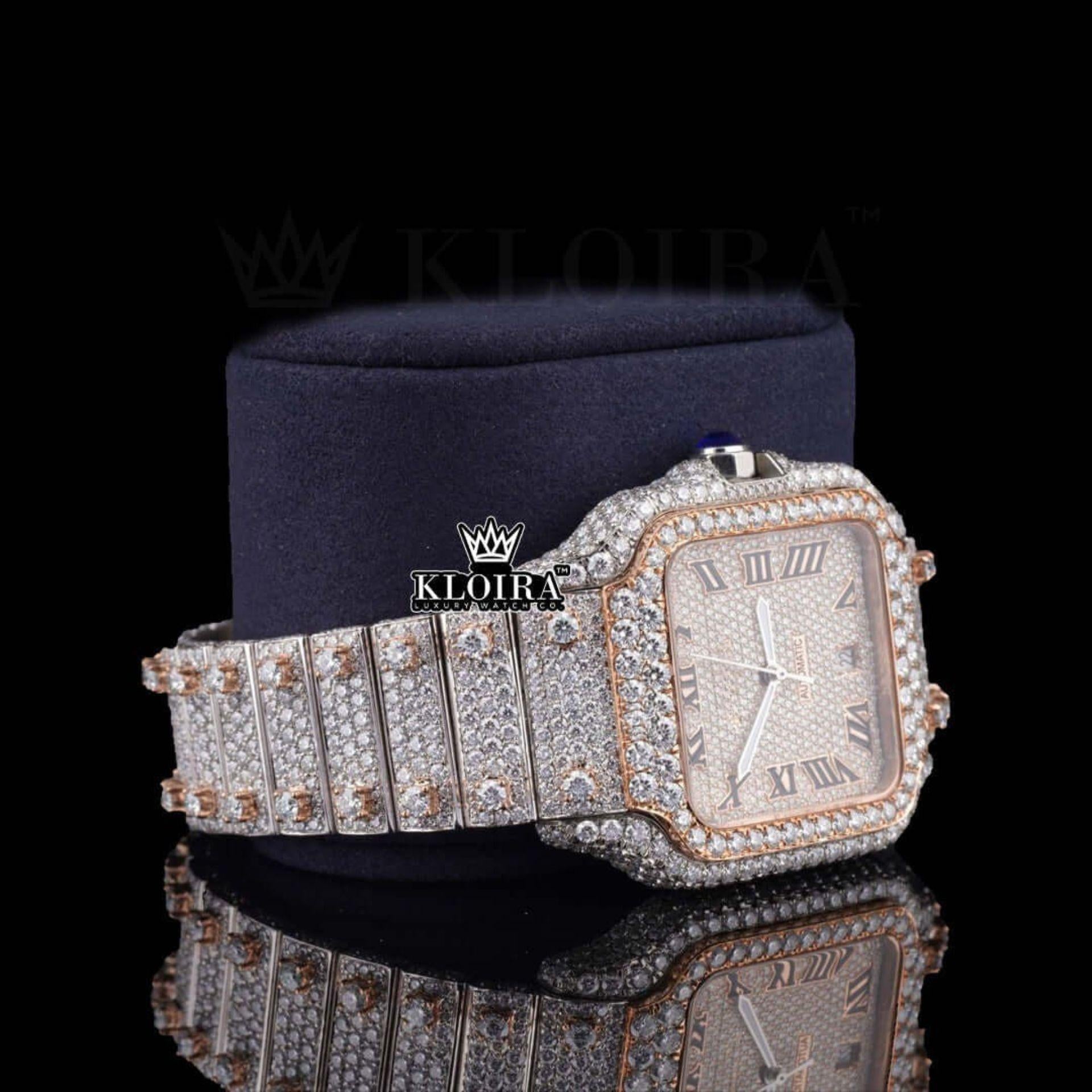 Rose Gold Dial Black Roman Numerals Two Tone Natural Diamond Watch Right Profile View