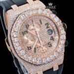 Rose Gold Dial Black Rubber Strap Moissanite Diamond Watch Close Up Dial View