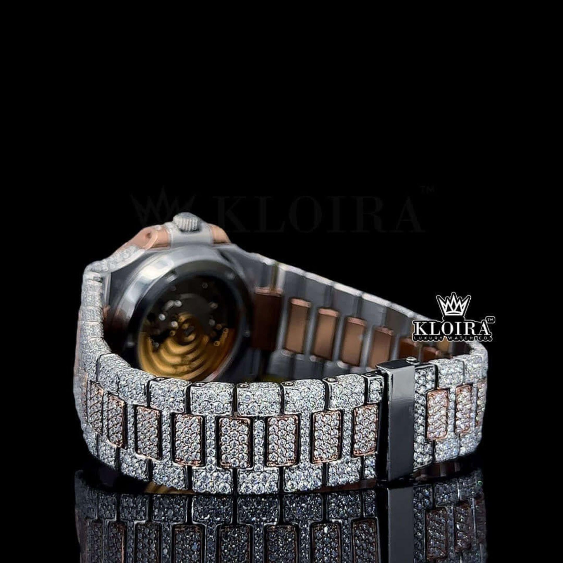 Rose Gold Dial Black Stick Markers Moissanite Diamond Watch Bracelet View