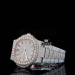 Rose Gold Dial Black Stick Markers Moissanite Diamond Watch Close Up Dial View