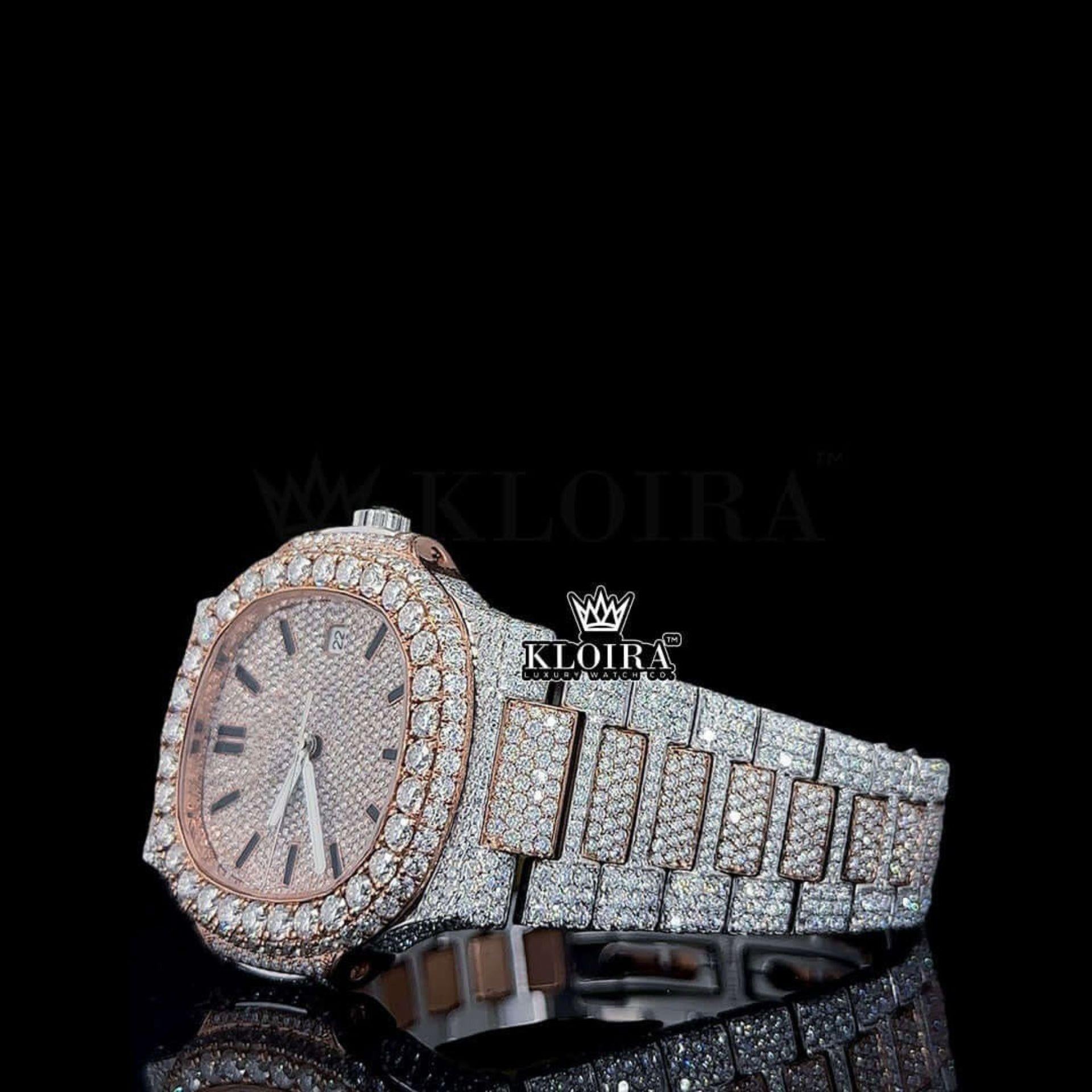 Rose Gold Dial Black Stick Markers Moissanite Diamond Watch Left Profile View