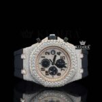 Rose Gold Dial Chronograph Black Rubber Strap Moissanite Diamond Watch