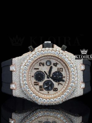 Rose Gold Dial Chronograph Black Rubber Strap Moissanite Diamond Watch