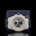 Rose Gold Dial Chronograph Black Rubber Strap Moissanite Watch Close Up Front View