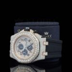Rose Gold Dial Chronograph Black Rubber Strap Moissanite Watch Left Profile View