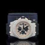 Rose Gold Dial Chronograph Black Standard Numerals Moissanite Watch Close Up Front View