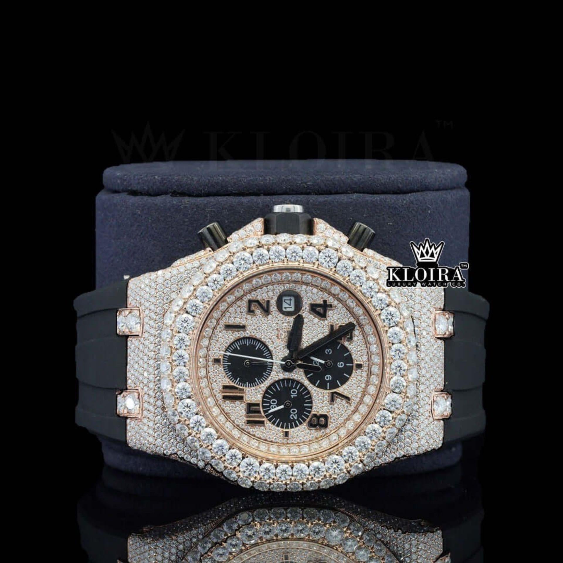 Rose Gold Dial Chronograph Black Standard Numerals Moissanite Watch Close Up Front View