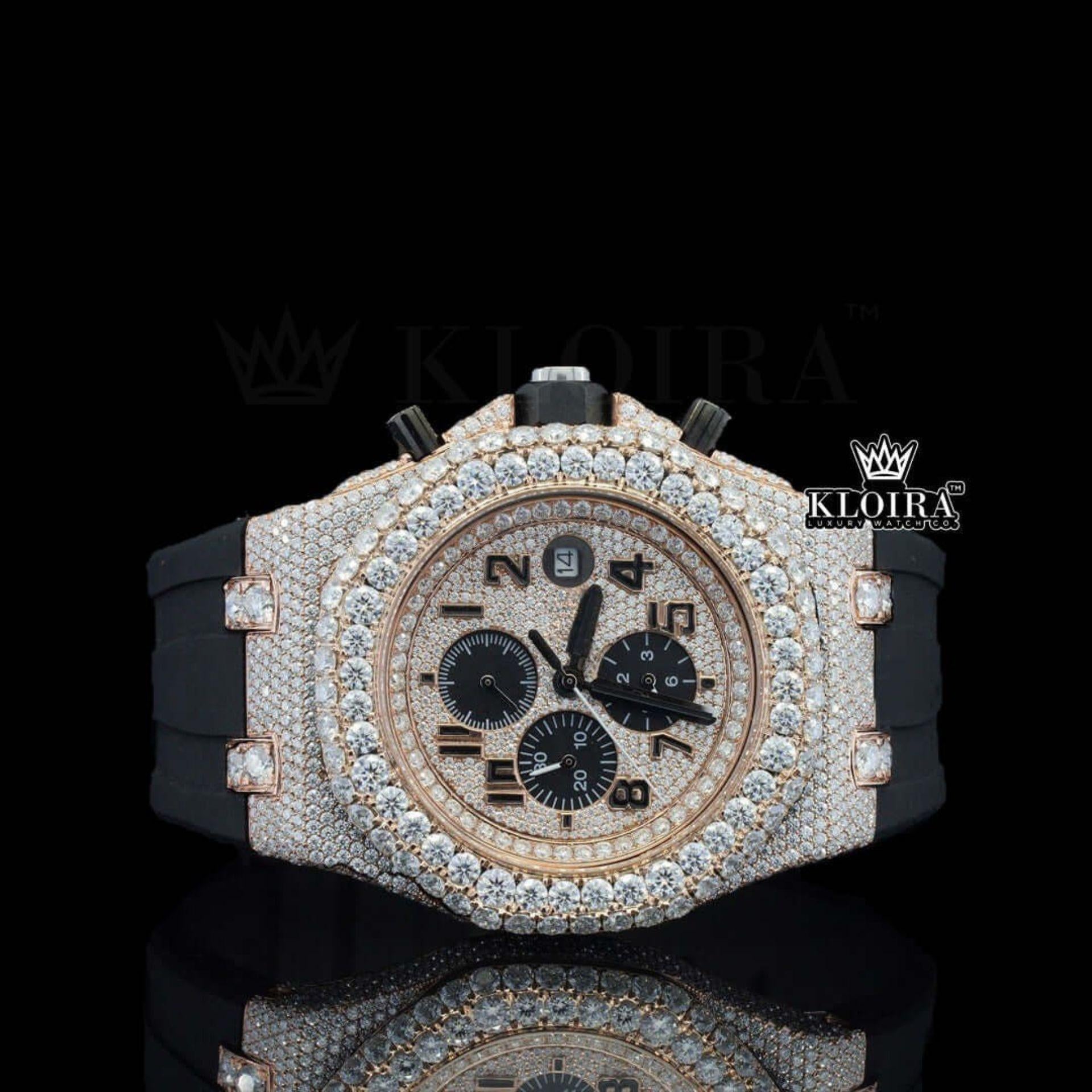 Rose Gold Dial Chronograph Black Standard Numerals Moissanite Watch Front View