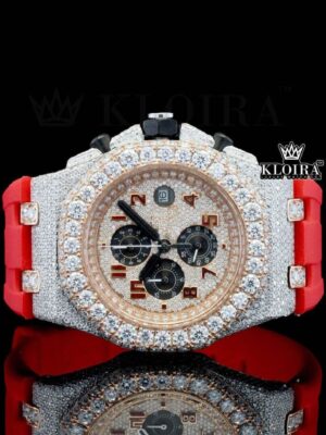 Rose Gold Dial Chronograph Red Rubber Strap Moissanite Diamond Watch