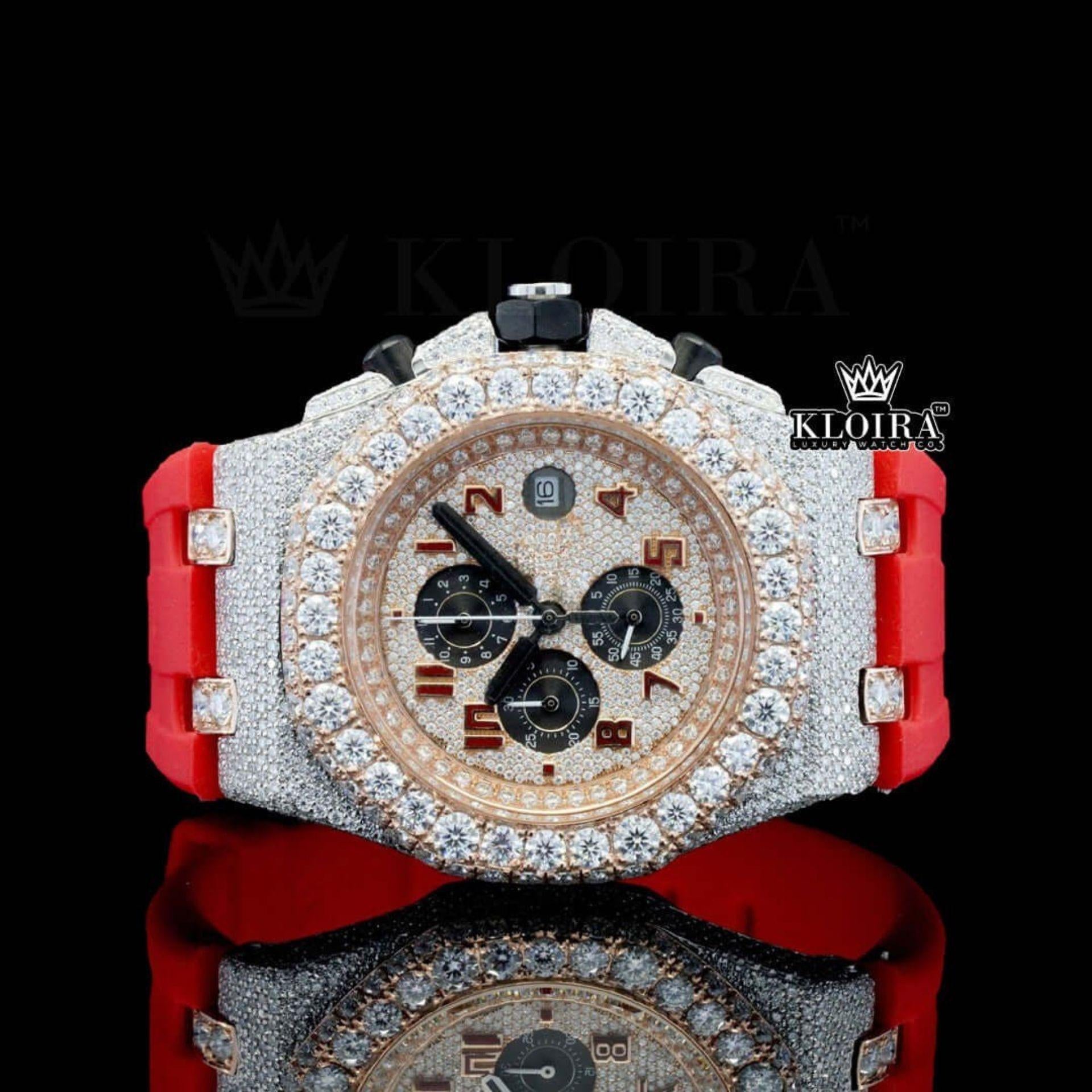 Rose Gold Dial Chronograph Red Rubber Strap Moissanite Diamond Watch Front View