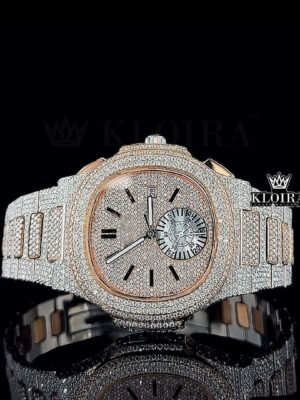 Rose Gold Dial Chronograph Two Tone Moissanite Diamond Watch