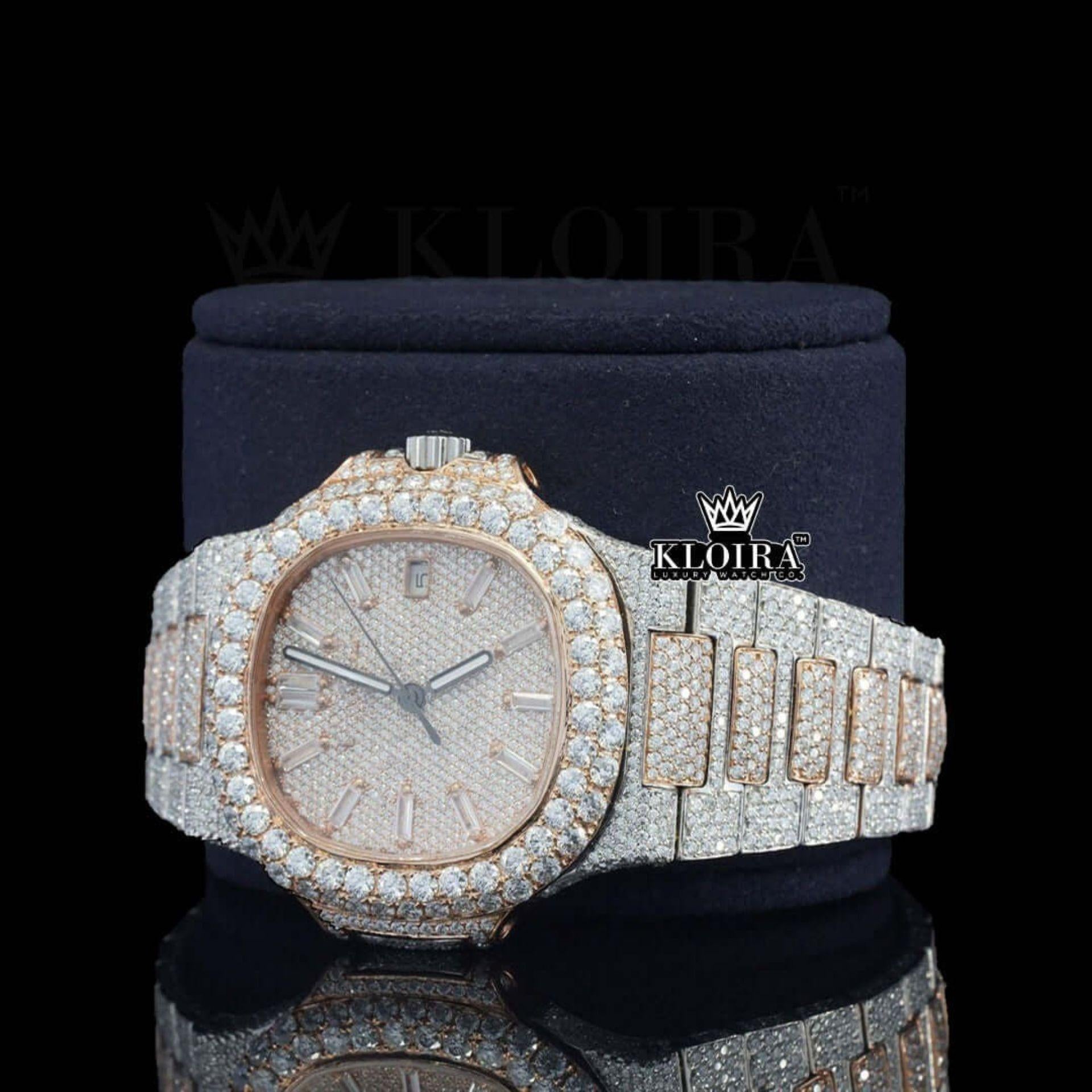Rose Gold Dial Diamond Markers Two Tone Iced Out Moissanite Watch Left Profile View