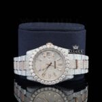 Rose Gold Dial Diamond Stick Markers Two Tone Moissanite Watch Close Up Front View