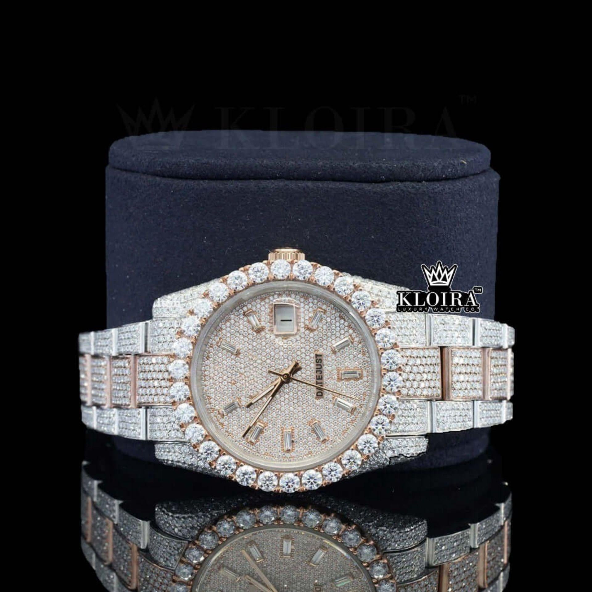 Rose Gold Dial Diamond Stick Markers Two Tone Moissanite Watch Close Up Front View