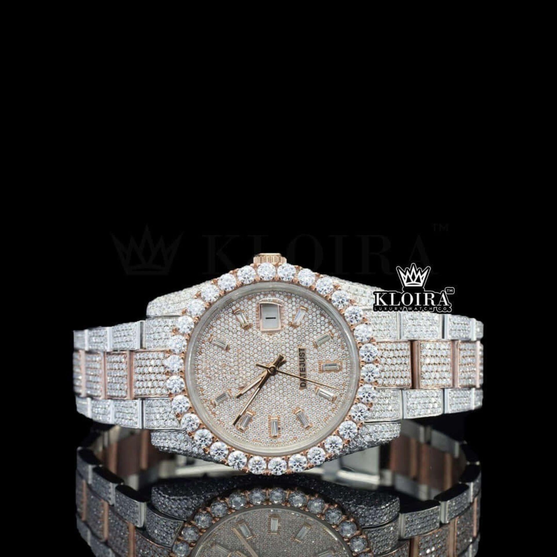 Rose Gold Dial Diamond Stick Markers Two Tone Moissanite Watch Front View